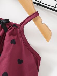 SHEIN Vintaside Kids 女童復古波點細肩帶洋裝，經典酒紅愛心配甜美酷感蝴蝶結，法式女孩風，荷葉邊下擺輕盈飄逸，寬鬆舒適清爽 - 酒紅色 - 查看 4