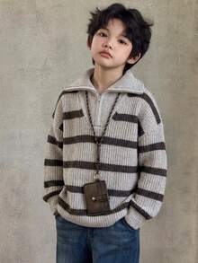 Dazy Kids 大童男孩條紋休閒日常長袖針織衫 - 淺灰色 - 查看 5
