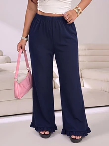 Solflare Plus Size Women Solid Color Casual Versatile Daily Wear Long Pants - Navy Blue - View 3