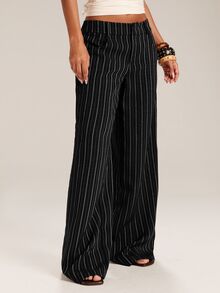 SHEIN Tall CURVE 大尺碼女款條紋口袋休閒日常長褲 秋季 - 黑色 - 查看 5