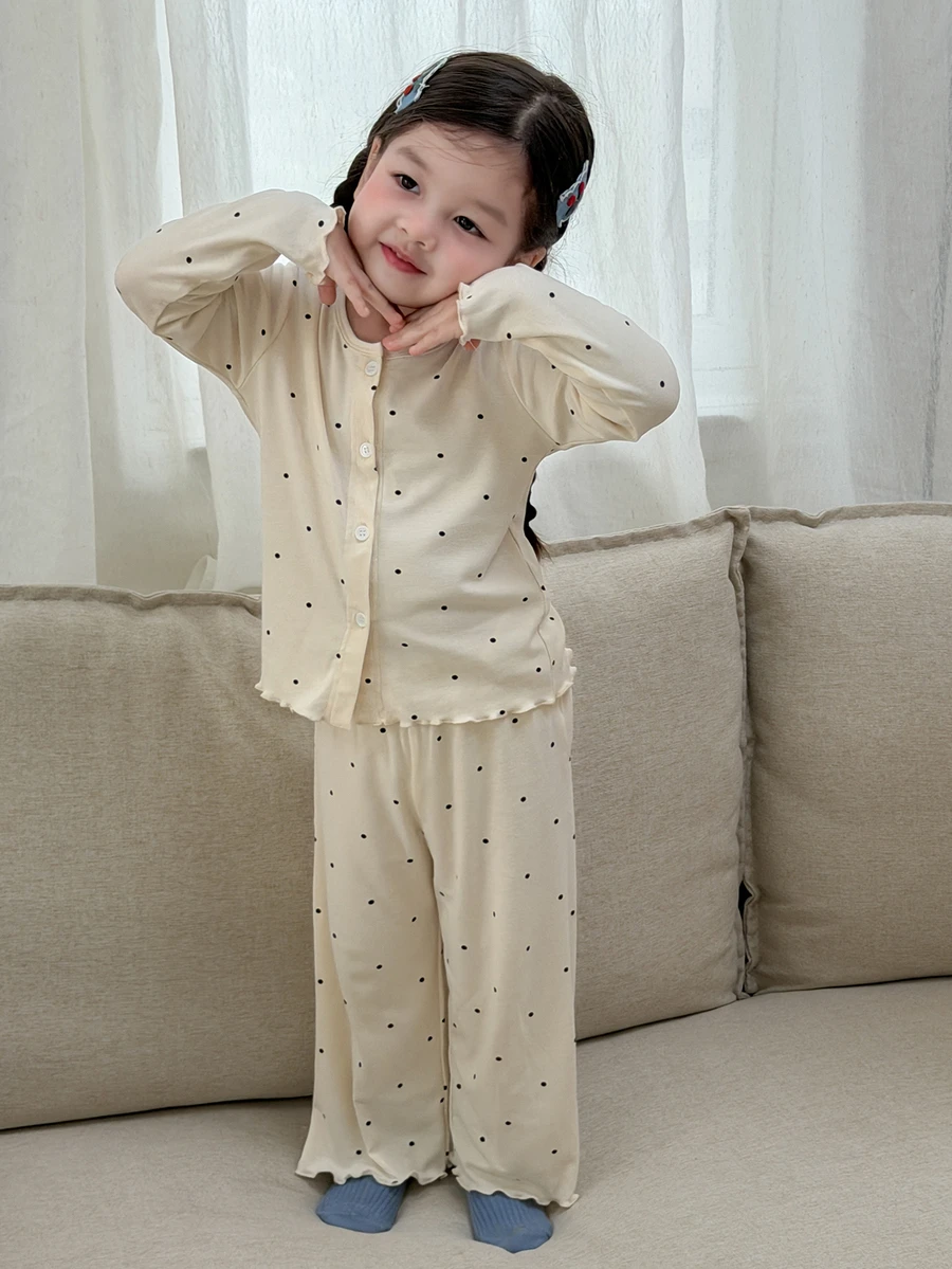 DAZY Infant/Toddler (Girl) Polka Dot Korean Style Autumn/Winter Loungewear - Apricot - View 1