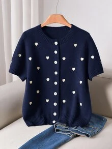 CosyJoli 大尺碼女款愛心刺繡圓領短袖單排扣休閒可愛仙氣針織開襟衫，米色，適合秋季正式場合、約會之夜、派對與冬季 - 藏蓝色 - 查看 6