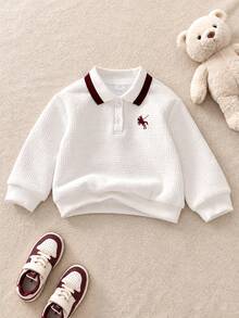SHEIN 男嬰騎士刺繡 Polo 領休閒運動衫 - 白色 - 查看 3