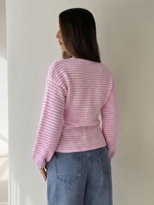 Aloruh Young Women's Autumn/Winter White Textured Boat Neck Petal Sleeve Long Sleeve Loose Top Tight Bottom T-Shirt, Versatile For Layering Travel Casual - Baby Pink - View 2