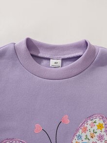 SHEIN Elladie kids 2件組幼童女款運動衫喇叭褲套裝，可愛紫色蝴蝶貼花花卉印花，長袖圓領，常規版型，派對秋季假期公主風套裝 - 紫色 - 查看 5
