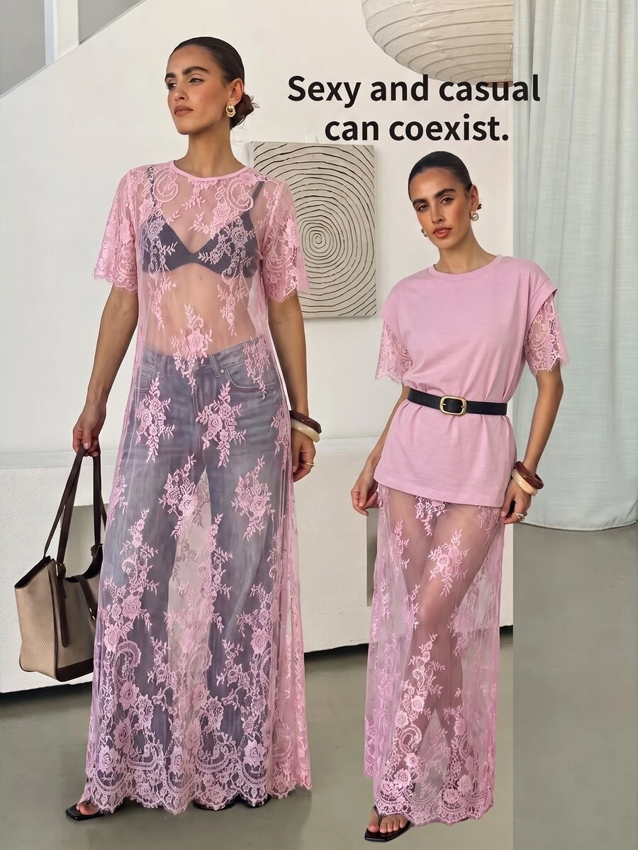 Lavishia 女款蕾絲刺繡透視洋裝拍照造型,黑色花卉,夏季優雅派對之夜女士俱樂部晚裝 - 粉色 - 查看 1