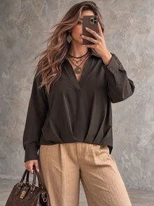 Ceyna Plus Size Women's Solid Color V-Neck Loose Fit Blouse With Pleated Hem, Dropped Shoulder Long Sleeves, Grey Shirt, Casual, Office, Fall New Arrival - Brown - View 3
