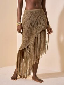 Zivah Women's Solid Color Tassel Design Casual Vacation Cover Up Skirt - Brown - View 8