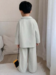 Dazy Kids Young Boy Button Long Sleeve Top And Striped Long Pants Loungewear Set - Teal Blue - View 2