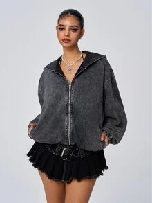 SHEIN PETITE Women's Fashion Zipper Long Sleeve Hooded Denim Jacket - Black - View 1