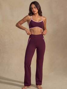 FavEase 1pc Women's Burgundy & Light Pink Contrast Color Straight Leg Long Sleeve Outerwear Sports 3 Pieces Set - Multicolor - View 6