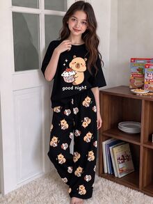 青少年女孩休閒簡約圓領短袖長褲家居服，適合夏季 - 彩色 - 查看 1