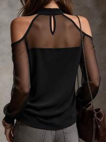 LUMIGAL Black Cold Shoulder Chiffon Patchwork Ruched Collar Long Sleeve Casual Women's Blouse, Autumn - Black - View 2