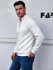 Manfinity Homme تي شيرت رجالي كاجوال مضلع برقبة عالية للربيع والخريف - أبيض - مشاهدة 2
