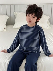 Dazy Kids Tween Boy Striped Long Sleeve Top And Pants Casual Daily Home Sleepwear Set - Navy Blue - View 4