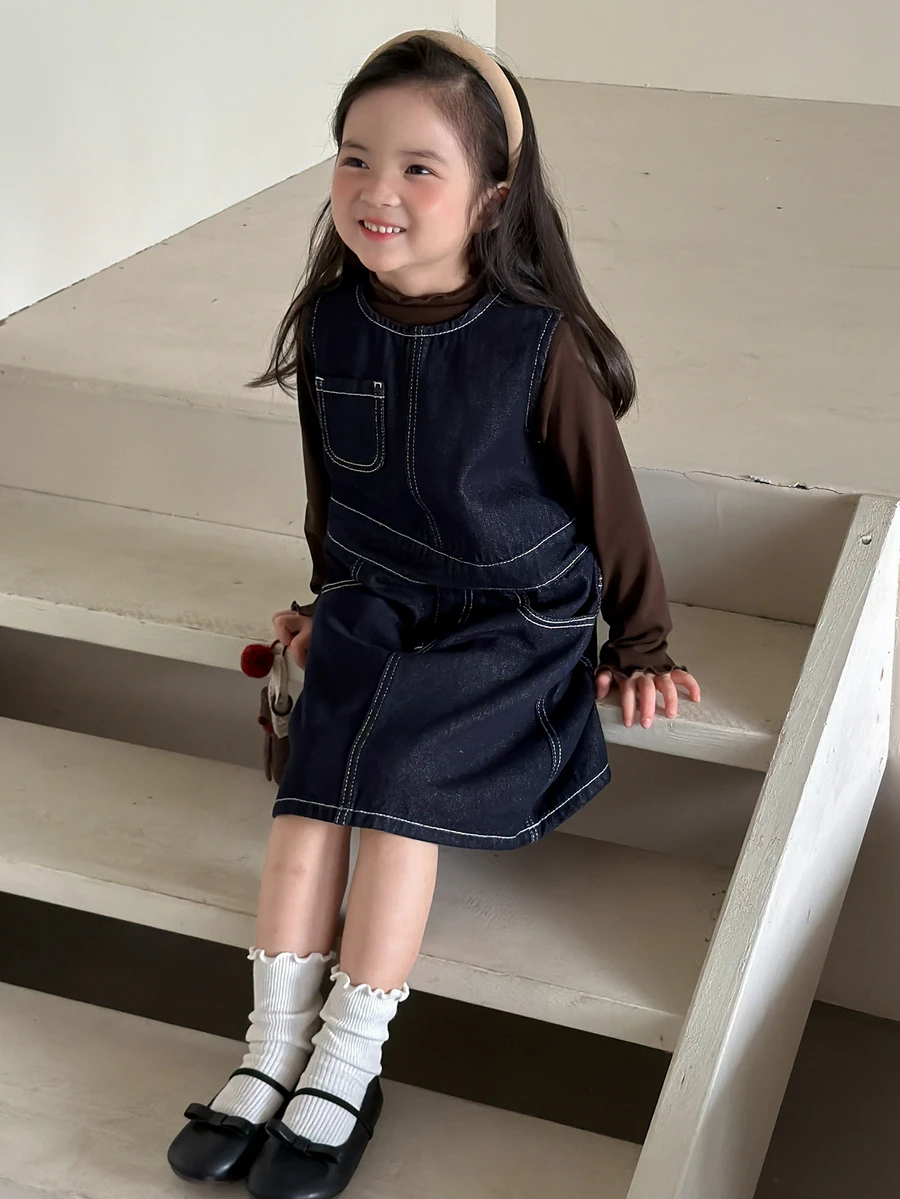 Dazy Kids Young Girl) Round Neck Contrast Stitching Sleeveless Vest Style Autumn Denim Dress - Dark Wash - View 1