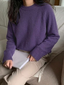 DAZY 女款素色落肩長袖休閒商務套頭毛衣，秋季長袖上衣，秋季女裝 - 紫色 - 查看 1