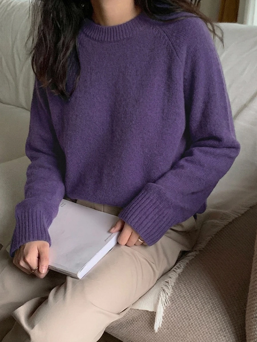 DAZY 女款素色落肩長袖休閒商務套頭毛衣,秋季長袖上衣,秋季女裝 - 紫色 - 查看 1
