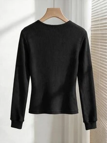 INAWLY Women's Solid Color V-Neck Casual Daily Long Sleeve Top - Grey - View 4