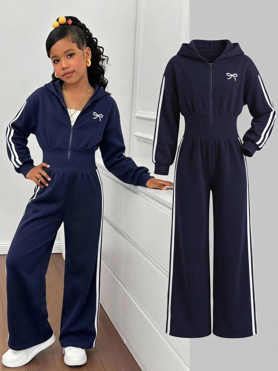 SHEIN Tween Girl 童裝時尚簡約純藍編織蝴蝶結圖案連帽拉鍊印字高腰連身褲 冬季 - 寶藍色 - 查看 1