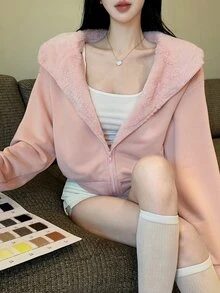 DAZY Women's Solid Color Thermal Lined Casual Versatile Hooded Long Sleeve Jacket - Pink - View 2