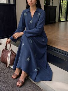 Solavon New Floral Embroidered Metal Buckle Women's Collared Long Sleeve Dress - Gray Blue - View 4