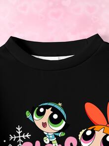 THE POWERPUFF GIRLS X SHEIN 女童字母卡通印花長袖衛衣與內搭褲套裝 - 白色 - 查看 5