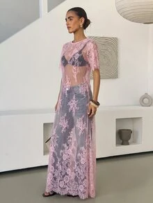 Lavishia 女款蕾絲刺繡透視洋裝拍照造型，黑色花卉，夏季優雅派對之夜女士俱樂部晚裝 - 粉色 - 查看 9