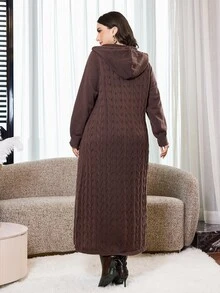 Feyla Plus Size Drawstring Long Sleeve Minimalist Hooded Sweater Dress - Coffee Brown - View 4