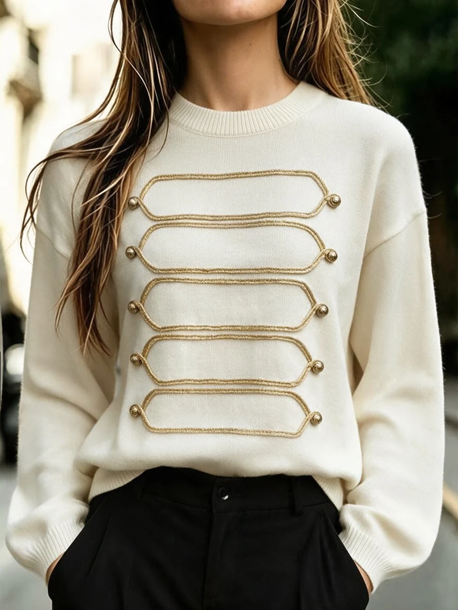 SHEIN Cream Round Neck Knit Sweater, Decorative Bead Stripe Long Sleeve Top - Apricot - View 1