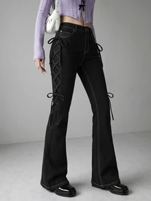 FRIFUL Celana Jeans Wanita Seksi dengan Kancing, Saku, dan Tali Pengikat Model Flare - Hitam - View 11