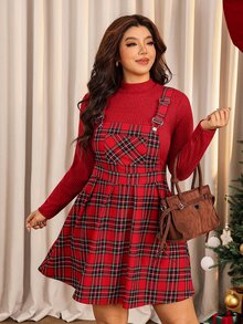Elaquor Plus Size Ribbed Long Sleeve Top And Plaid Dress 2 Pieces Set - Burgundy - View 3