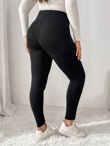 Shapeblank Women's Plus-Size Winter Casual Leggings – Stretchy, Fleece-Lined, Warm & Comfortable – Black With Knee Protection – Everyday Wear, Fall/Winter Bottom - Black - View 3