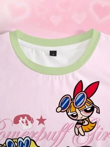 THE POWERPUFF GIRLS X SHEIN Women's Cartoon Print Cropped Fitted T-Shirt - White - View 6