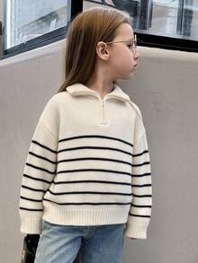 Hapijoa Young Girl) Striped Casual Collared Thick Autumn/Winter Sweater - Beige - View 1