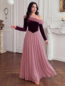 Modelyn Women's Elegant Asymmetrical Shoulder Ruffle Velvet & Sequin Patchwork Full Skirt Formal Evening Long Sleeve Dress - Burgundy - View 1