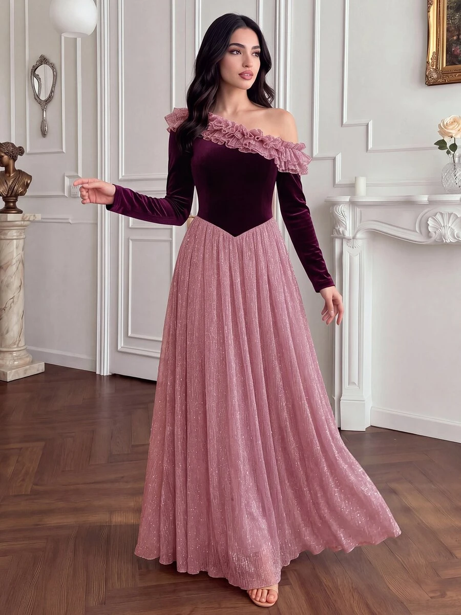 Modelyn Women's Elegant Asymmetrical Shoulder Ruffle Velvet & Sequin Patchwork Full Skirt Formal Evening Long Sleeve Dress - Burgundy - View 1