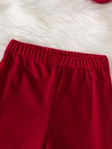 SHEIN Playful Pals 嬰兒女童春秋冬季休閒T恤套裝，不對稱套頭高領針織羅紋刷毛面料設計，卡其色純色長袖T恤上衣搭配卡其色休閒喇叭長褲，2件套，適合春秋冬季，可愛童趣極簡舒適，適用外出、旅行、度假與派對 - 酒紅色 - 查看 8