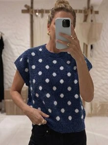 Louniche 秋冬新款卡其色波點休閒優雅復古慵懶針織背心 女款針織上衣 適合休閒日常通勤居家辦公穿著 女款優雅針織上衣 - 藍色 - 查看 3