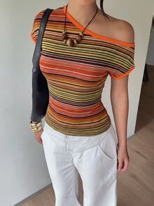 Aloruh 女款條紋不對稱肩短袖修身休閒T恤 - 橘色 - 查看 3