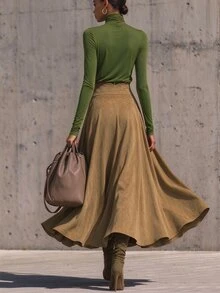 LUMIGAL Women's Olive Green Stretch Turtleneck Top And Faux Suede Maxi Skirt SetFall/Winter - Multicolor - View 2