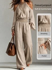 Omancia Women's Solid Color Ruched Cold Shoulder Casual Daily Wear Jumpsuit Fall/Winter - Apricot - View 4