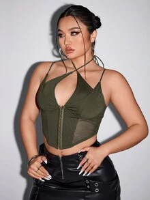 SHEIN ICON 大尺碼對比網紗短版吊帶黑色束身上衣，適合夏季約會之夜、雞尾酒會、電音派對，性感風格 - 軍綠色 - 查看 1