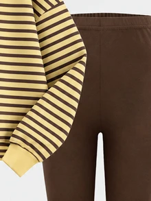 Setelan Sweatshirt dan Legging Leher Bulat Bergaris Horizontal Warna Blok Kuning Hitam Abu-abu untuk Anak Perempuan Remaja Musim Gugur/Dingin - MultiWarna - View 6