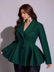 Viva Relle 大尺碼女款秋冬翻領單排扣收腰荷葉邊下擺短款羊毛西裝外套，通勤優雅顯瘦西裝外套 - 綠色 - 查看 2