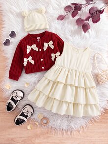 SHEIN Bộ váy sát nách cho bé gái kèm áo cardigan len đan nơ dễ thương và gấu bèo nhún - Đỏ - Xem 5