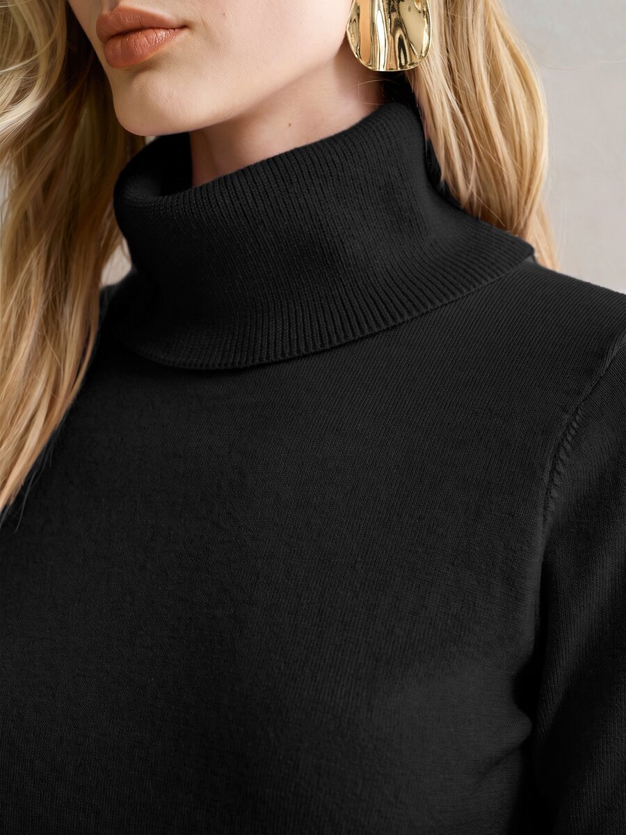 MOTF PREMIUM WOMEN'S SOLID COLOR LONG SLEEVE CASUAL VERSATILE TURTLENECK SWEATER - Black - View 2