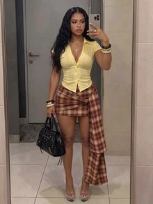 StreetHx 女款棕色格紋綁帶迷你裙，適合夜晚派對、早午餐與外出，秋季性感 Y2K 2000s 風格 - 彩色 - 查看 1