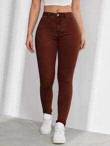 SHEIN ICON 大尺碼女款休閒舒適淺藍色彈性牛仔褲 - 棕色 - 查看 8