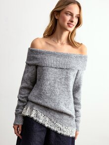Willow Rêve 女款灰色露肩蕾絲拼接下擺套頭毛衣 - 灰色 - 查看 5